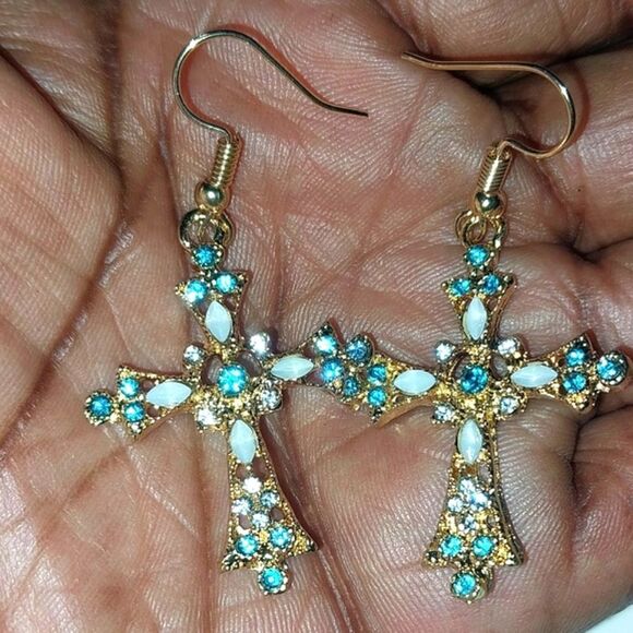 Elegant Gold and Blue Cross Earrings - Picture 4 of 6
